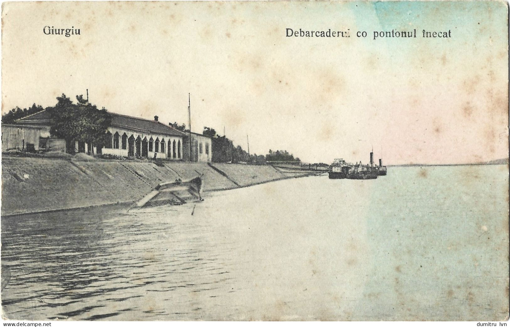 ROMANIA GIURGIU - THE PIER WITH THE DROWNED PONTON, BOATS, SHIPS, BUILDINGS, ARCHITECTURE, THE DANUBE RIVER - Romania