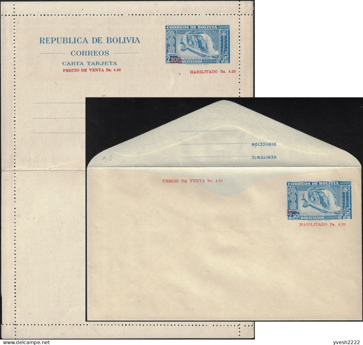 Bolivie 1946. 2 Entiers Postaux Non émis, Surchargés. Barrage De Chaquiri. Carte-lettre Et Enveloppe - Acqua