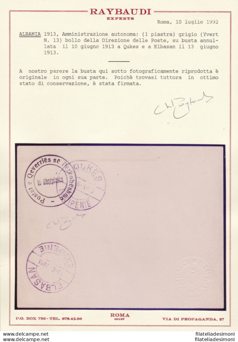 1913 ALBANIA - ALBANIEN - SHQIPERIA, Amm. Autonoma (1 Gr.) BUSTA Cert. Raybaudi - Albanië