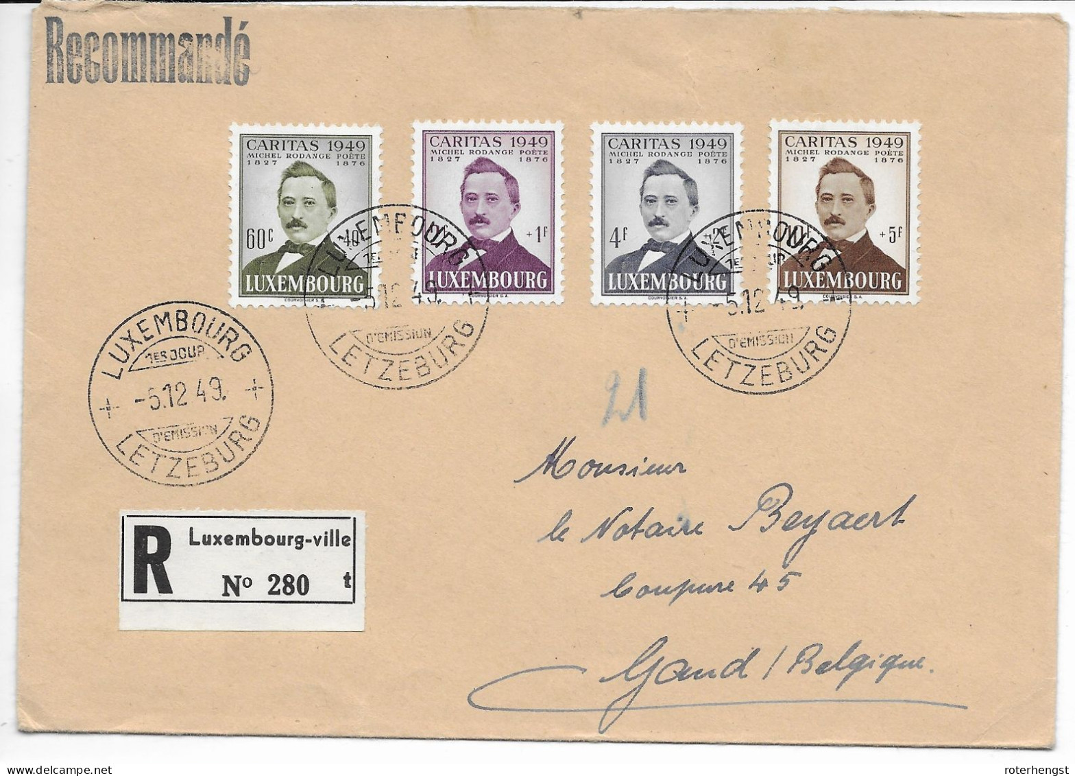 Luxembourg FDC Circulated Registered To Belgium 5.12.1949 50 Euros++ - FDC