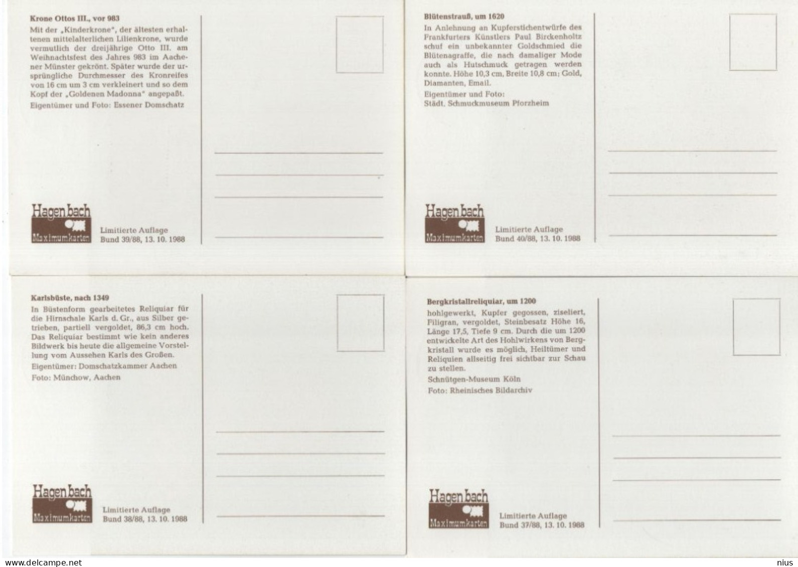 Germany Deutschland 1988 Maximum Cards Set X4, Fur Die Wohlfahrtspflege, Meisterwerke Silber Gold, Canceled In Bonn - 1981-2000
