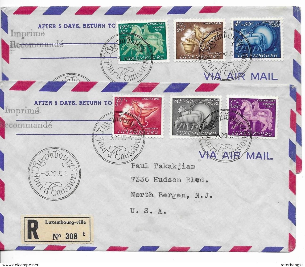 Luxembourg Two Circulated Registered Animals FDC To USA 1954 50 Euros ++ - FDC