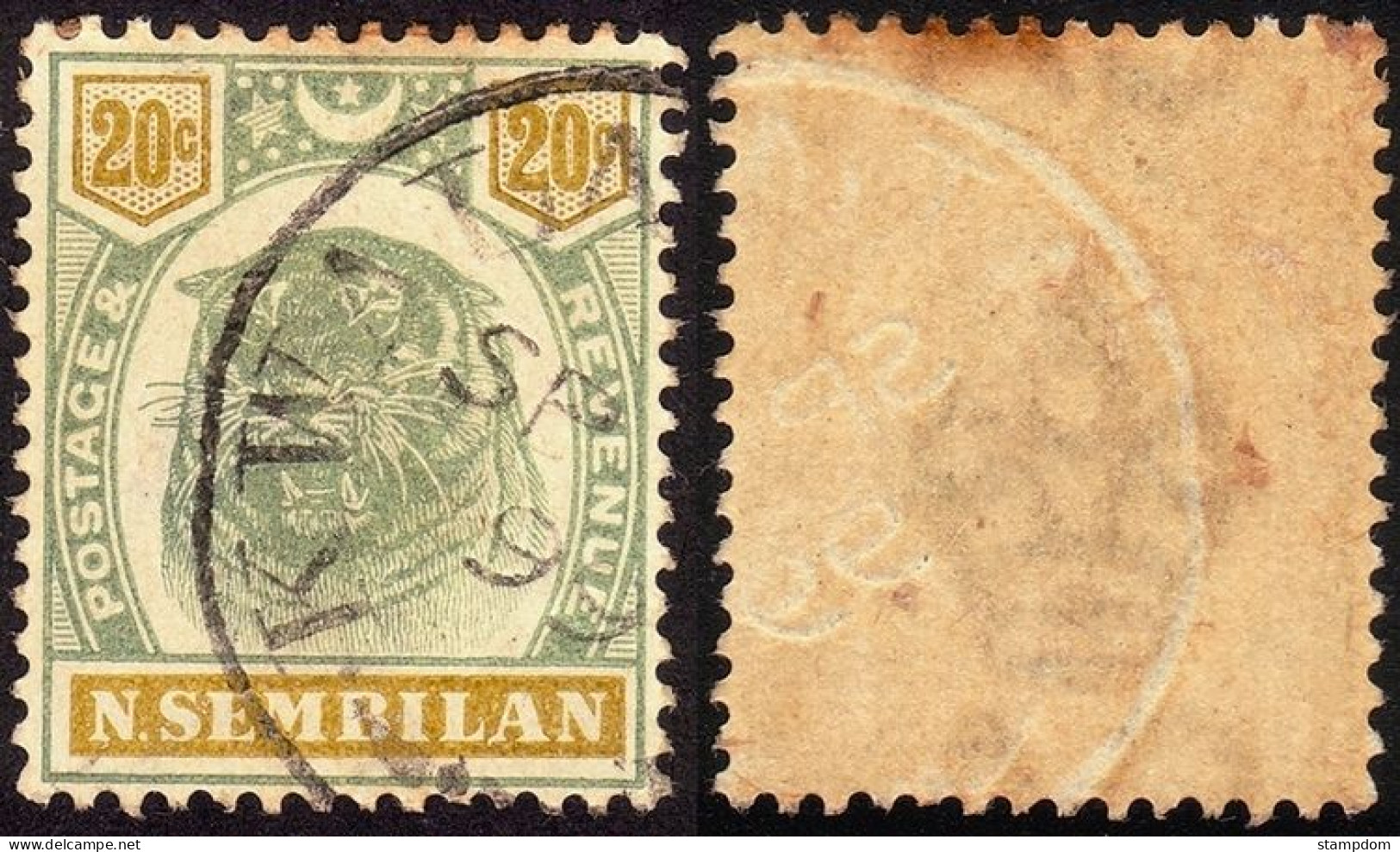 NEGRI SEMBILAN 1895 Tiger Head 20c Sc#12 - USED @P1175 - Negri Sembilan