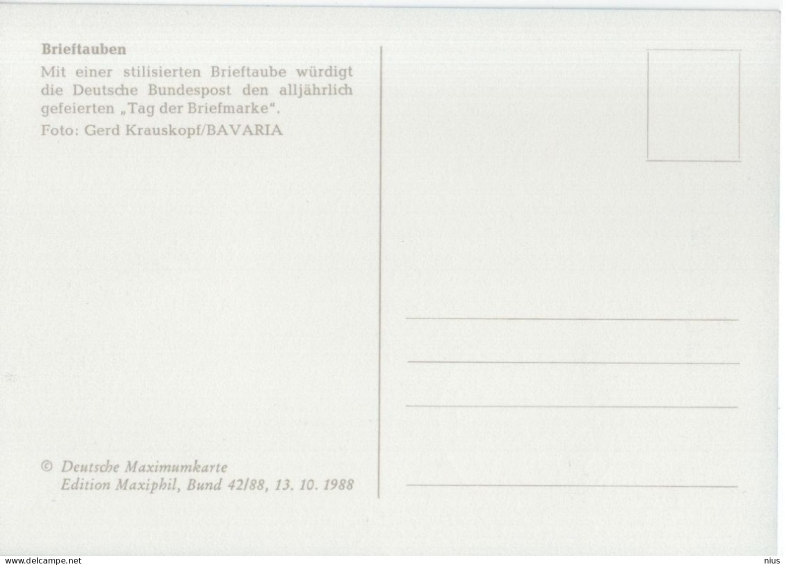 Germany Deutschland 1988 Maximum Card, Tag Der Briefmarke, Brieftauben, Stamp Day, Postman Bird Birds Dove, Bonn - 1981-2000