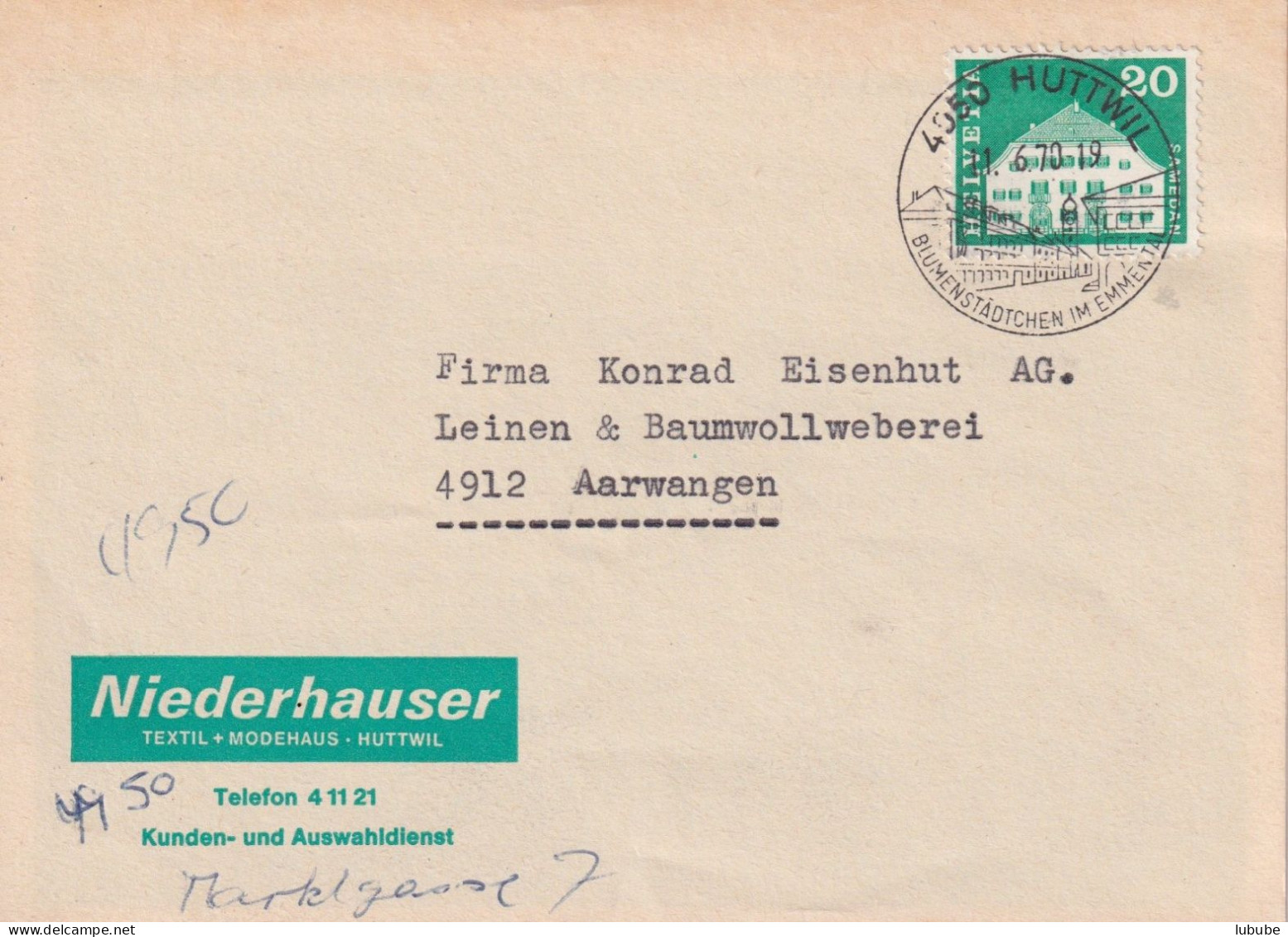 Motiv Karte  "Niederhauser, Textil + Modehaus, Huttwil"       1970 - Storia Postale