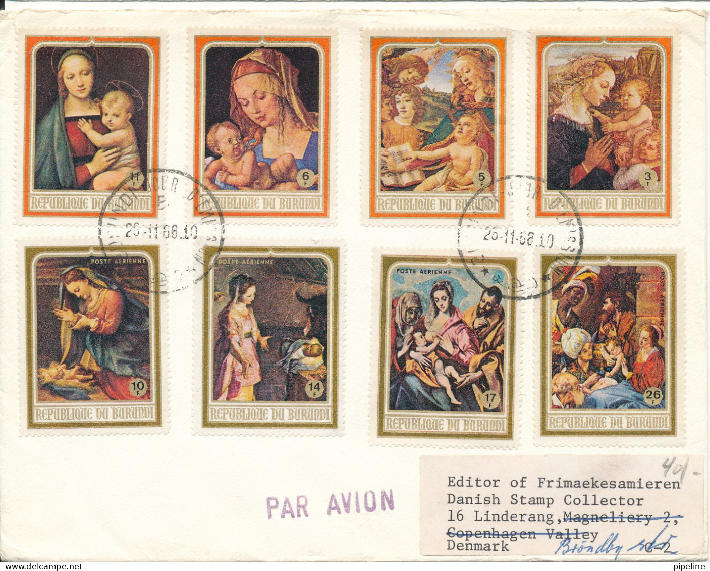 Burundi FDC 26-11-1988 Christmas Painting Complete Set Of 8 Sent To Denmark - FDC