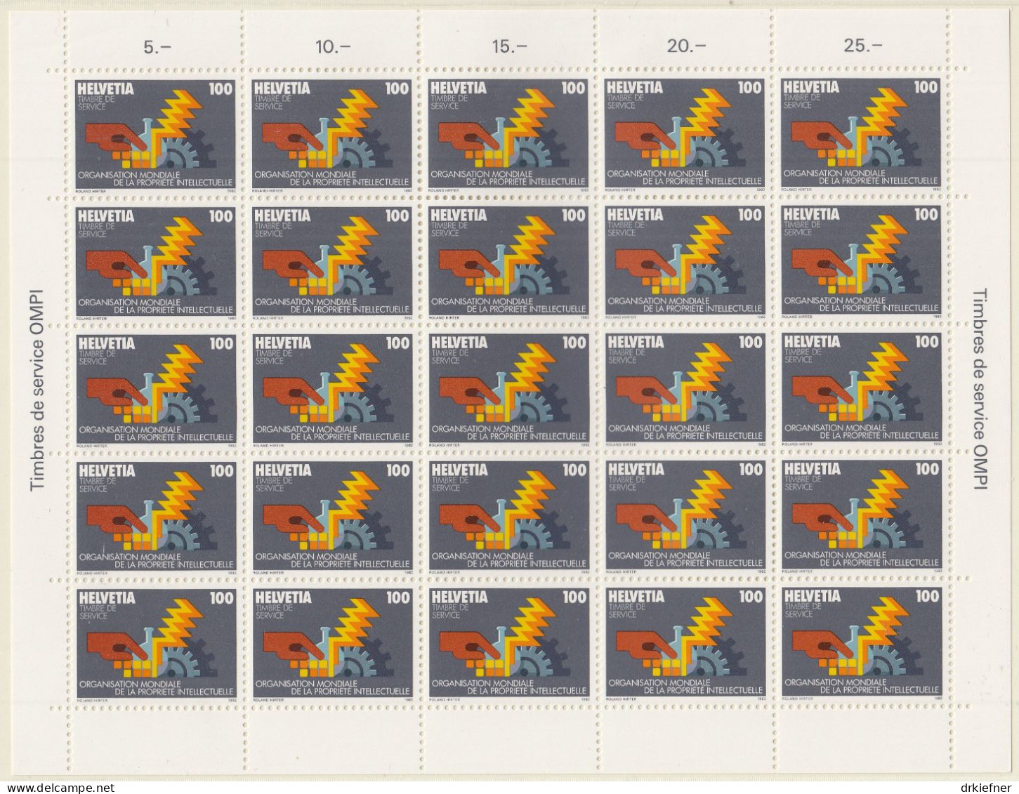 SCHWEIZ  Dienst, Int. Organisationen, OMPI/WIPO 3, Bogen 5x5, Postfrisch **, Geistiges Eigentum, 1982 - Officials