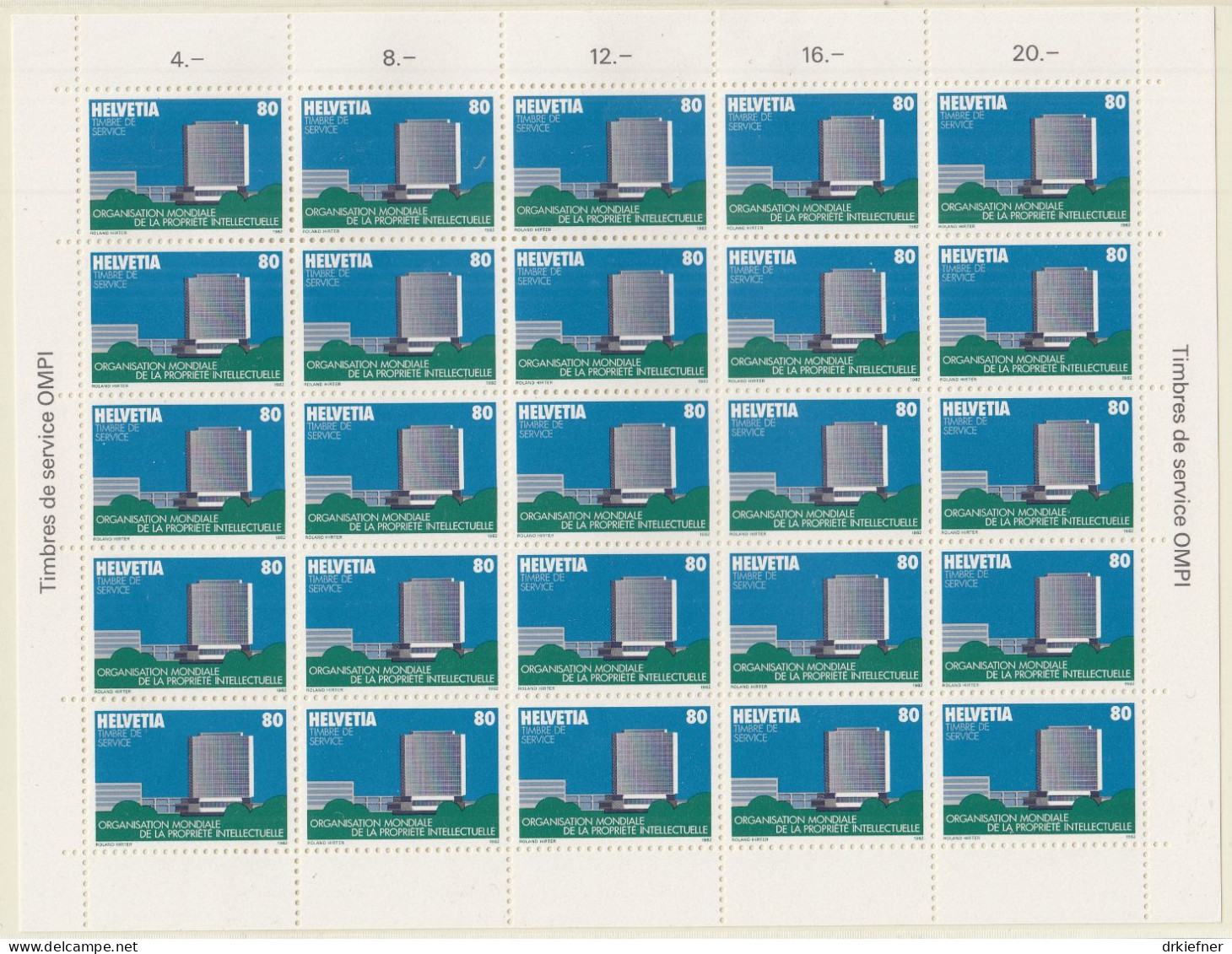 SCHWEIZ  Dienst, Int. Organisationen, OMPI/WIPO 2, Bogen 5x5, Postfrisch **, Geistiges Eigentum, 1982 - Dienstzegels