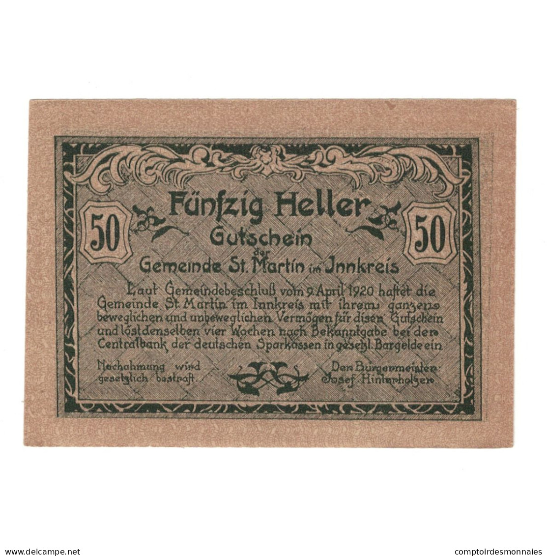 Billet, Autriche, St. Martin Im Innkreis, 50 Heller, Texte, 1920, 1920-04-09 - Austria