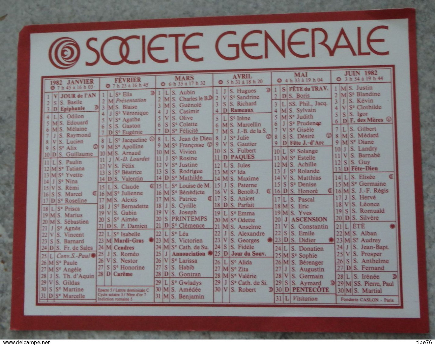 Petit Calendrier Poche 1982 Banque Société Générale - Kleinformat : 1981-90