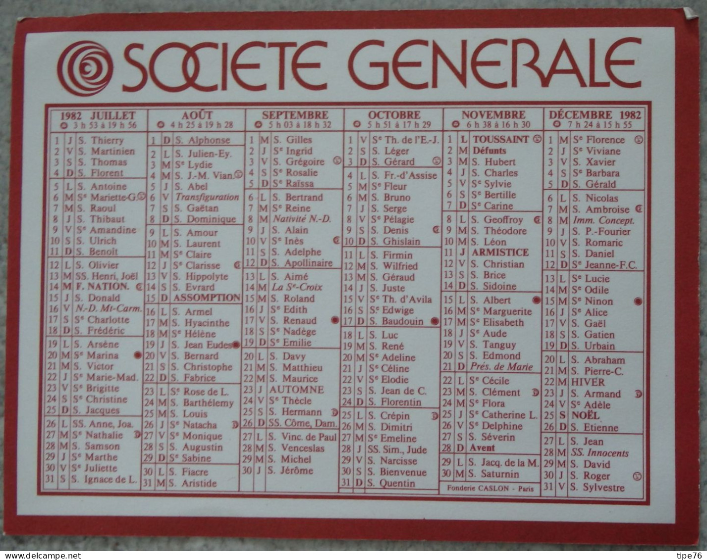 Petit Calendrier Poche 1982 Banque Société Générale - Small : 1981-90