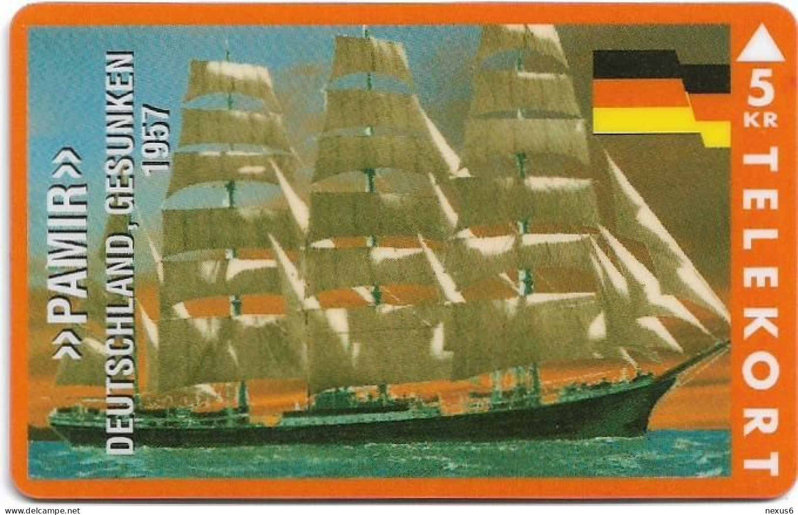 Denmark - KTAS - Ships (Red) - Germany - Pamir - TDKP136 - 03.1995, 5kr, 1.500ex, Used - Dänemark