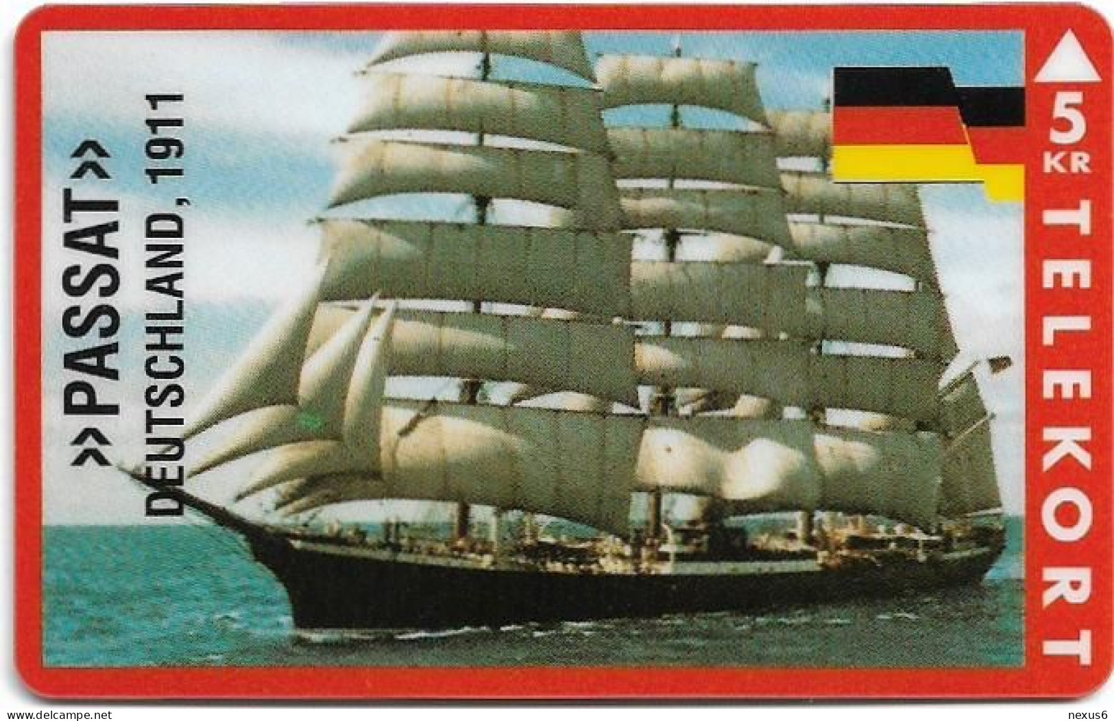 Denmark - KTAS - Ships (Red) - Germany - Passat - TDKP147 - 05.1995, 5kr, 1.500ex, Used - Dänemark
