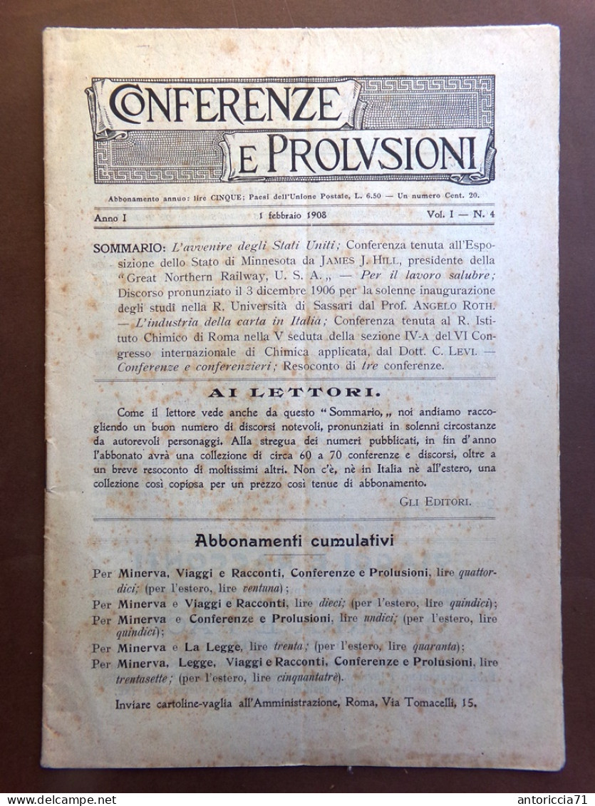 Conferenze E Prolusioni Del 1 Febbraio 1908 Industria Carta America Lavoro Roth - Other & Unclassified