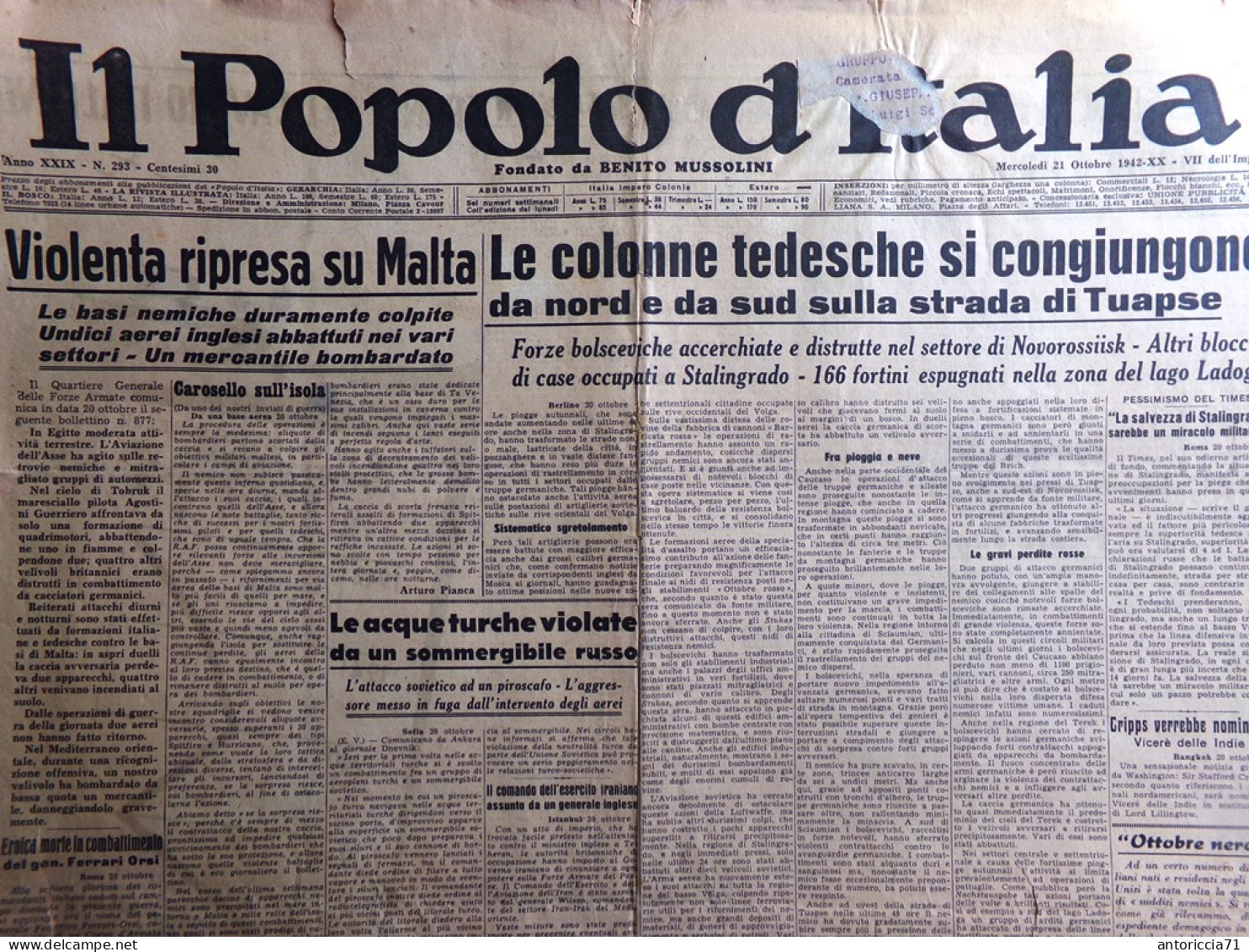 Il Popolo D'Italia Del 21 Ottobre 1942 WW2 Malta Colonne Tedesche Isole Salomone - Other & Unclassified