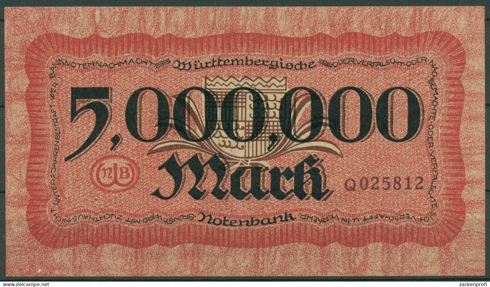 Württembergische Notenbank 5 Millionen Mark 1923, Ro 779 Kassenfrisch (K717) - Other & Unclassified