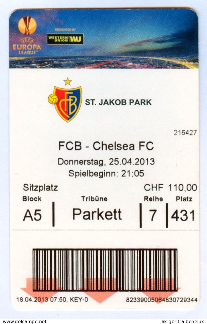 Fußball Eintrittskarte Ticket FC Basel 1893 Vs Chelsea London 25. 4. 2013 UEFA Europa League Schweiz Helvetia Suisse - Tickets - Vouchers