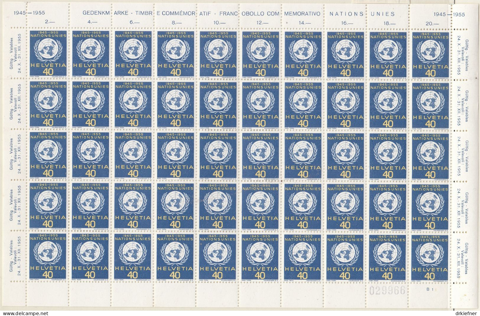 SCHWEIZ  Dienst, Int. Organisationen, ONO/UNO 21, Bogen 10x5, Postfrisch **, 10 Jahre UNO, 1955 - Dienstzegels