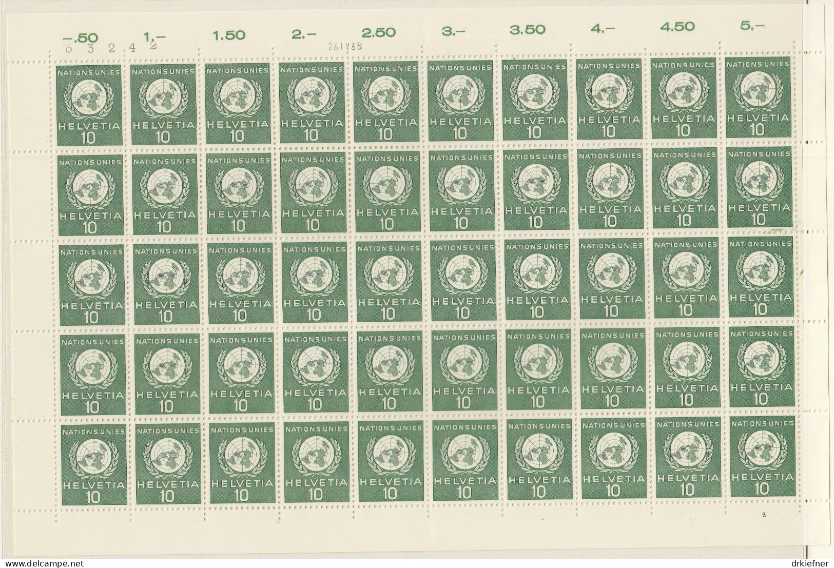 SCHWEIZ  Dienst, Int. Organisationen, ONO/UNO 23, Bogen 10x5, Postfrisch **, UNO Emblem, 1955 - Dienstmarken