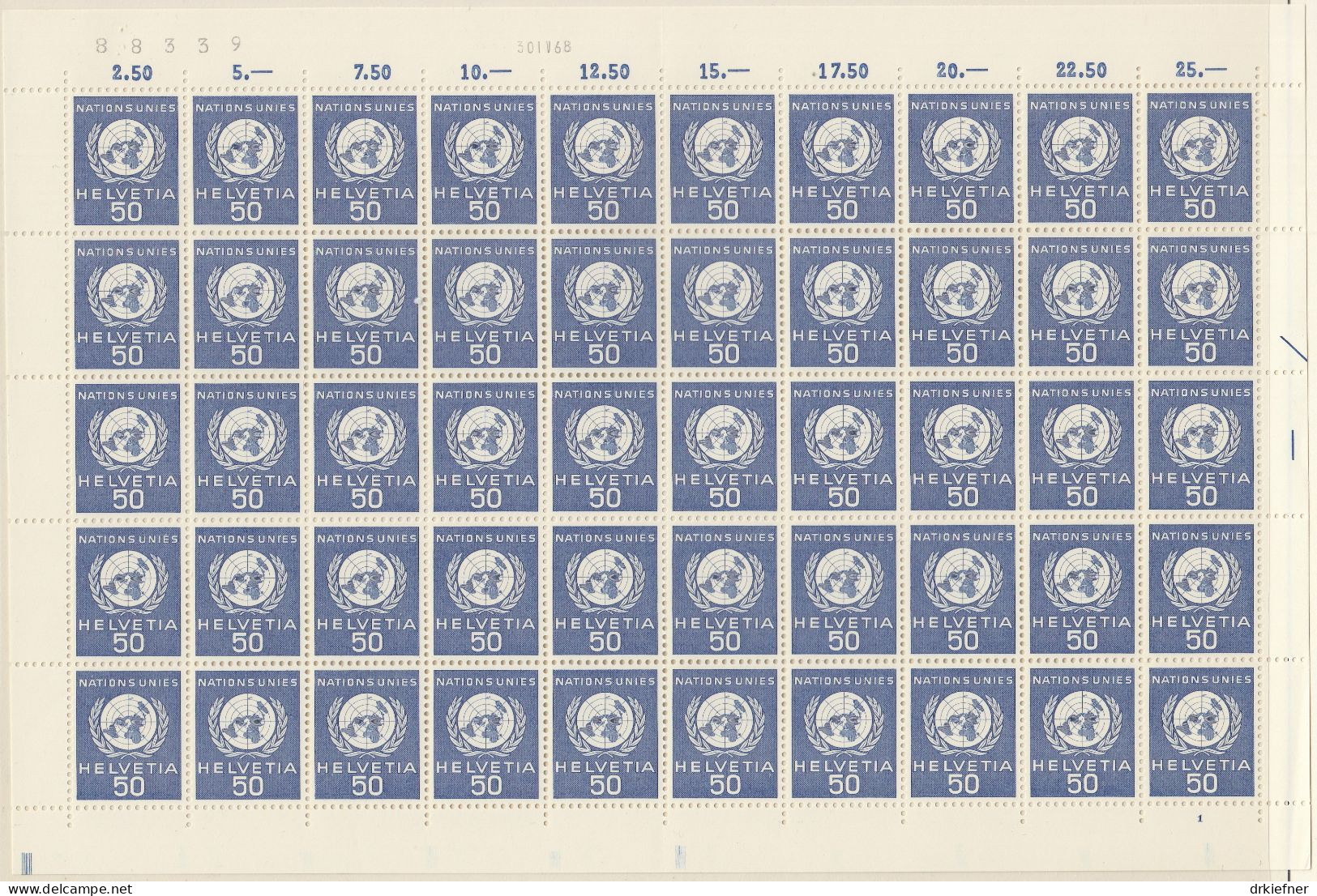 SCHWEIZ  Dienst, Int. Organisationen, ONO/UNO 30, Bogen 10x5, Postfrisch **, UNO Emblem, 1959 - Oficial