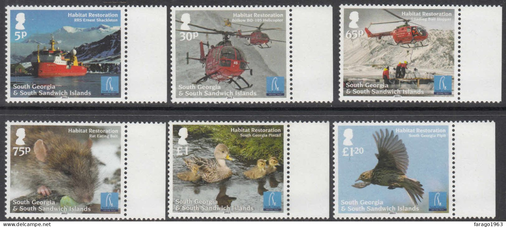 2013 South Georgia Habitat Restoration Helicopters Birds  Complete Set Of 6  MNH - Georgias Del Sur (Islas)