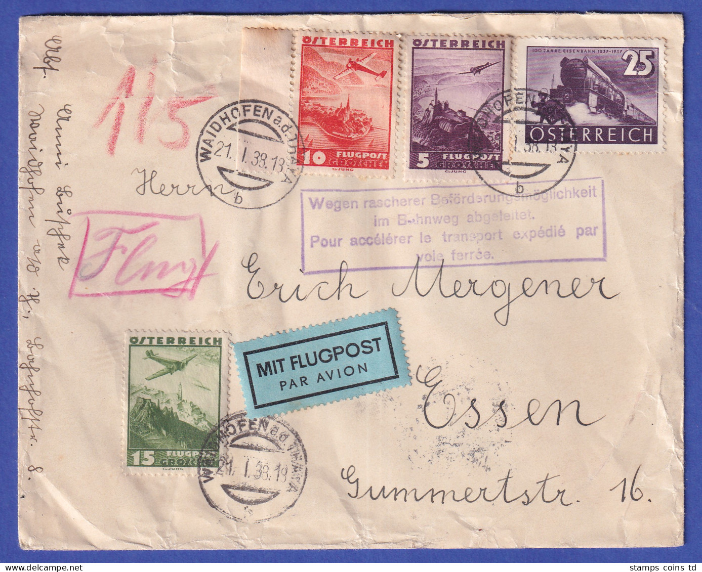 Österreich 1938 Flugpostbrief Von Waidhofen / Thaya Nach Essen Mit Umleitungs-O - Europe (Other)