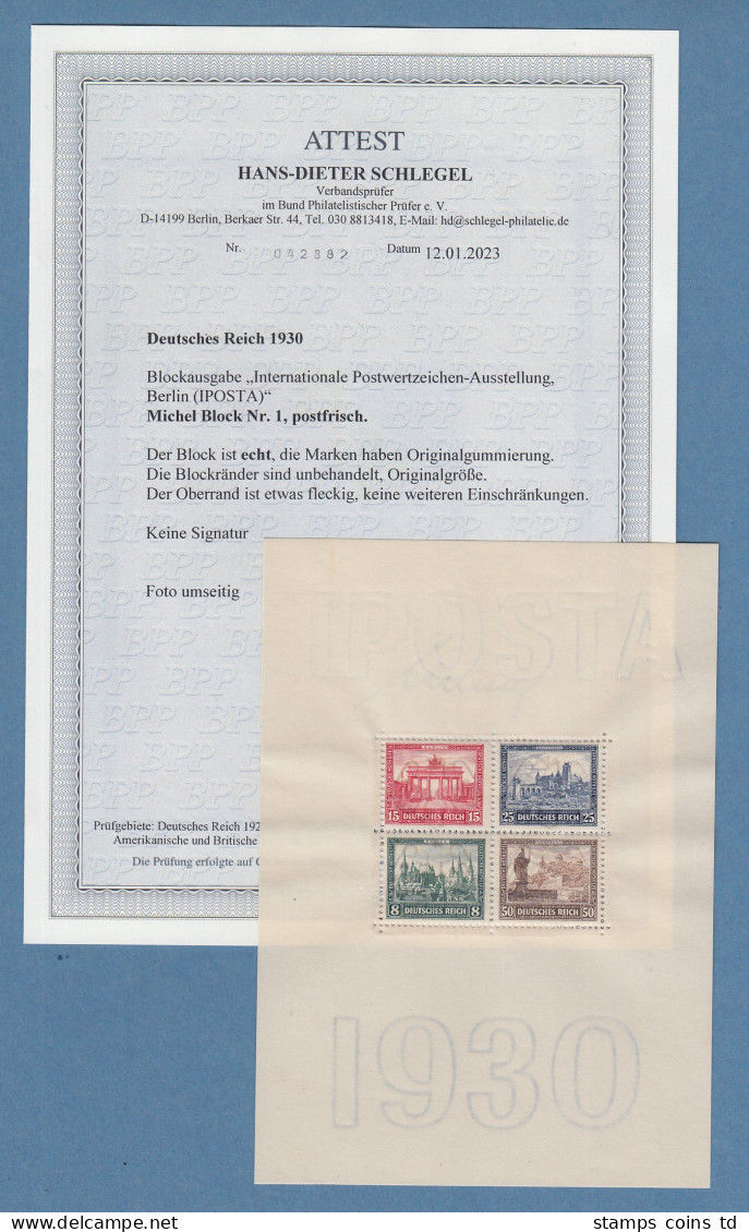 Deutsches Reich Blockausgabe IPOSTA 1930, Postfrisch Mit Fotoattest Schlegel BPP - Unused Stamps