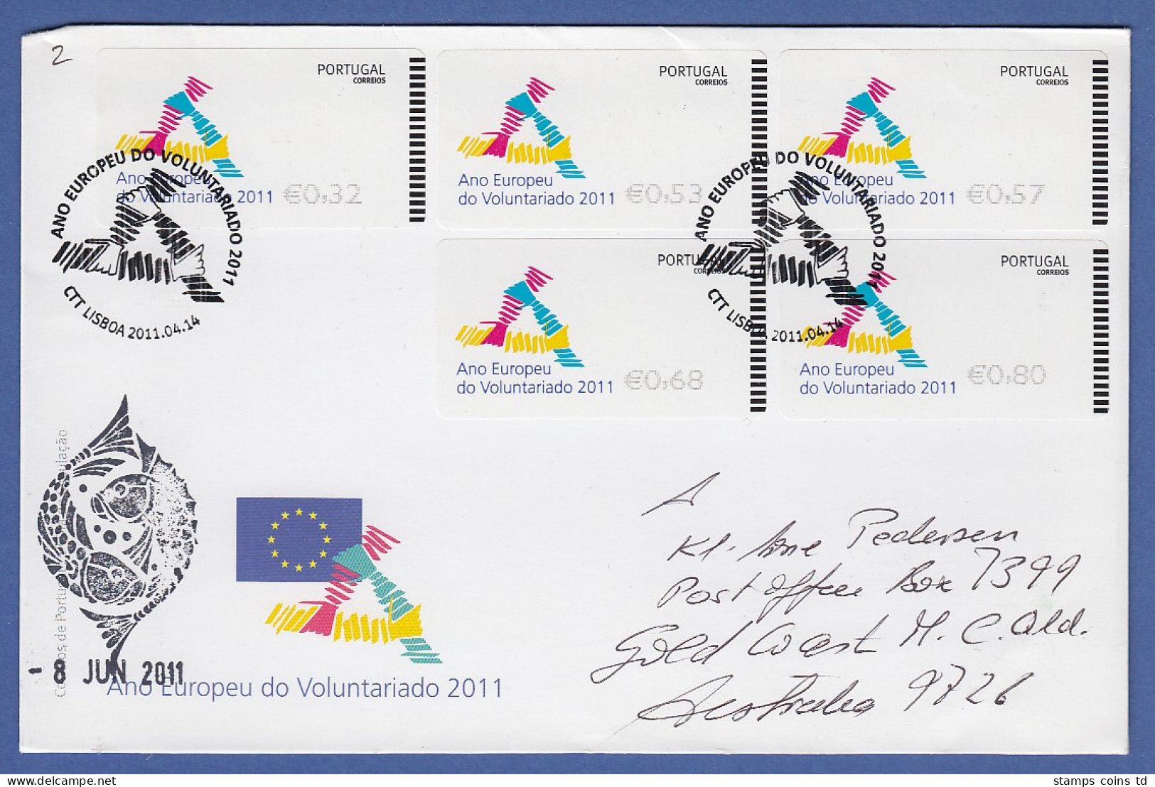 Portugal ATM 2011 Mi.-Nr 74.3 Satz 32-53-57-68-80 Auf Gel. FDC Nach Australien - Viñetas De Franqueo [ATM]