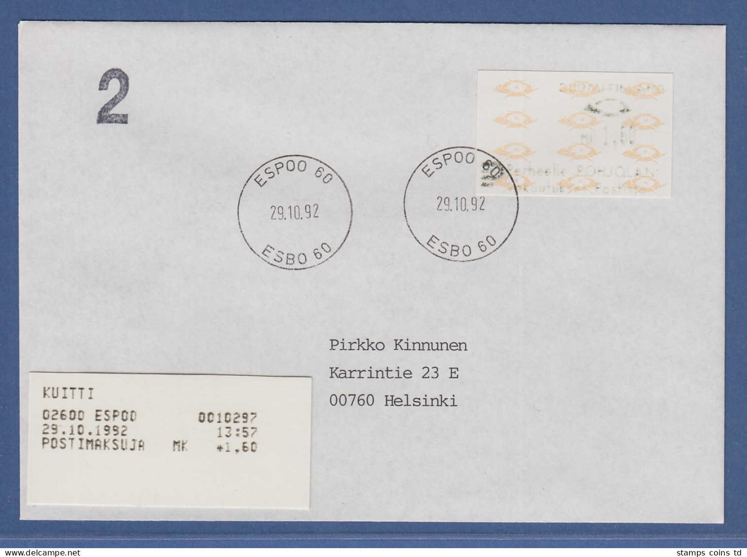 Finnland 1993 Dassault-ATM Mi.-Nr. 12.3 Z1 Mk 1,60 Mit AQ Auf Inlandsbrief  - Timbres De Distributeurs [ATM]