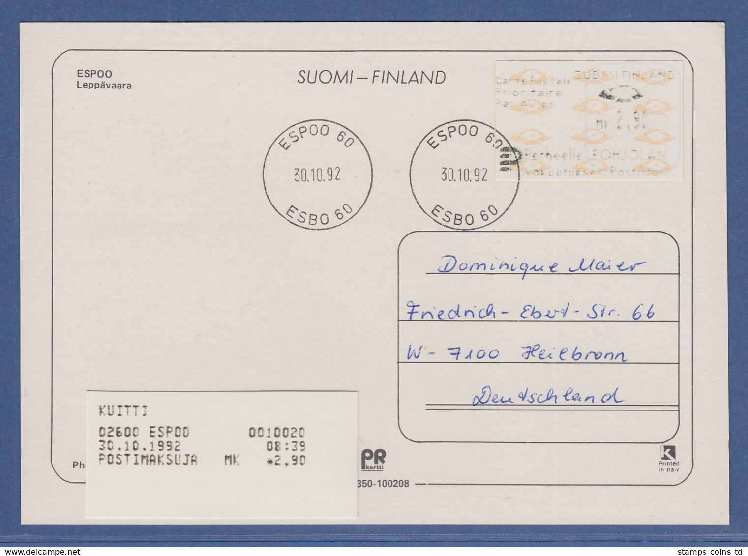 Finnland 1993 Dassault-ATM Mi.-Nr. 12.3 Z3 Mk 2,90 Mit AQ Auf Postkarte  - Viñetas De Franqueo [ATM]