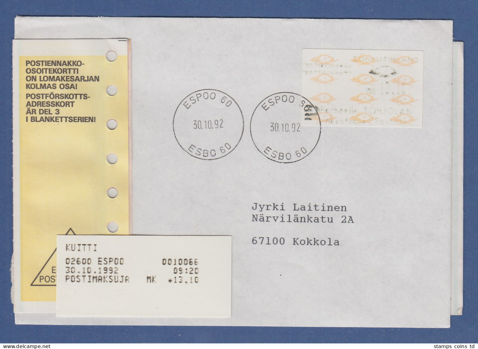 Finnland 1993 Dassault-ATM Mi.-Nr. 12.3 Z5 Mk 13,10 Mit AQ Auf Nachnahme-Brief - Automaatzegels [ATM]