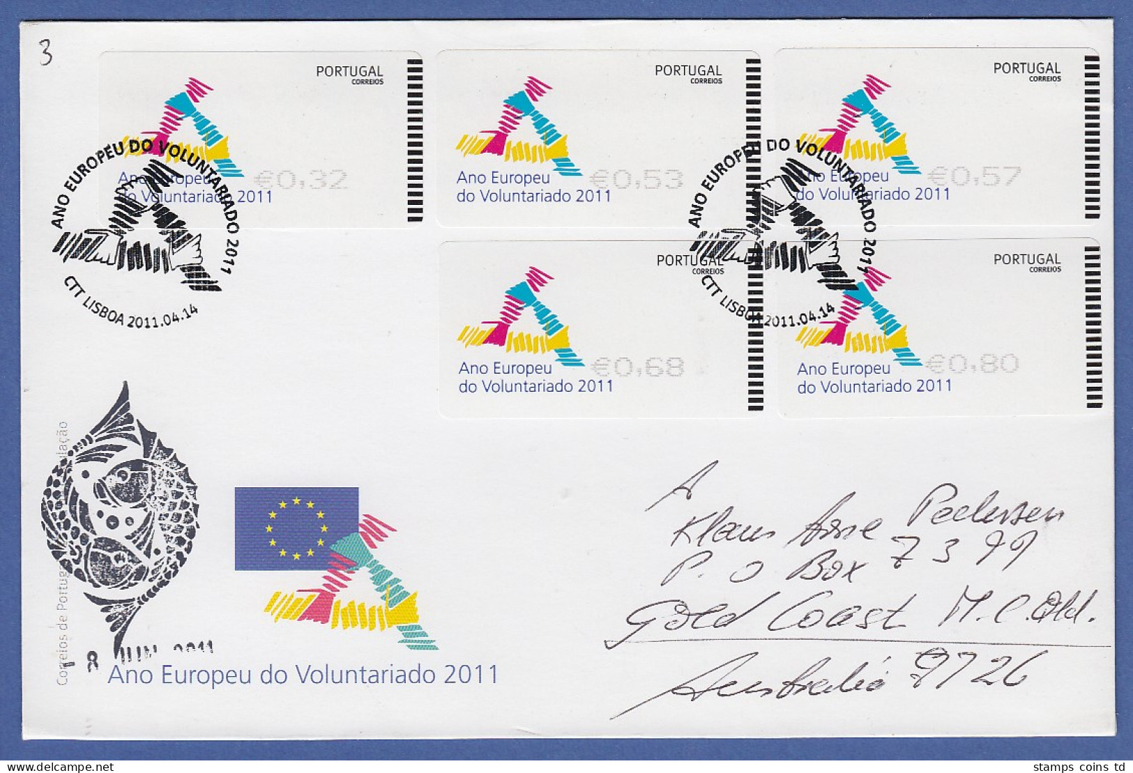 Portugal ATM 2011 Mi.-Nr 74.1 Satz 32-53-57-68-80 Auf Gel. FDC Nach Australien - Automatenmarken [ATM]