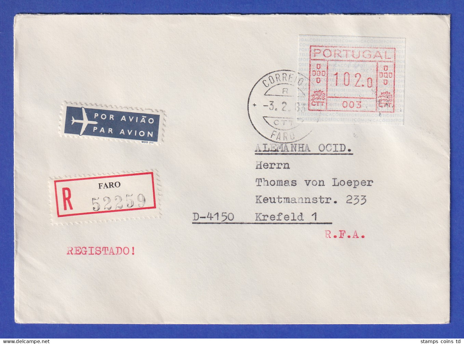 Portugal Frama-ATM 1981, R-Brief Mit ATM 003 102,0 Vom OA Und Orts-O 3.2.83  - Timbres De Distributeurs [ATM]