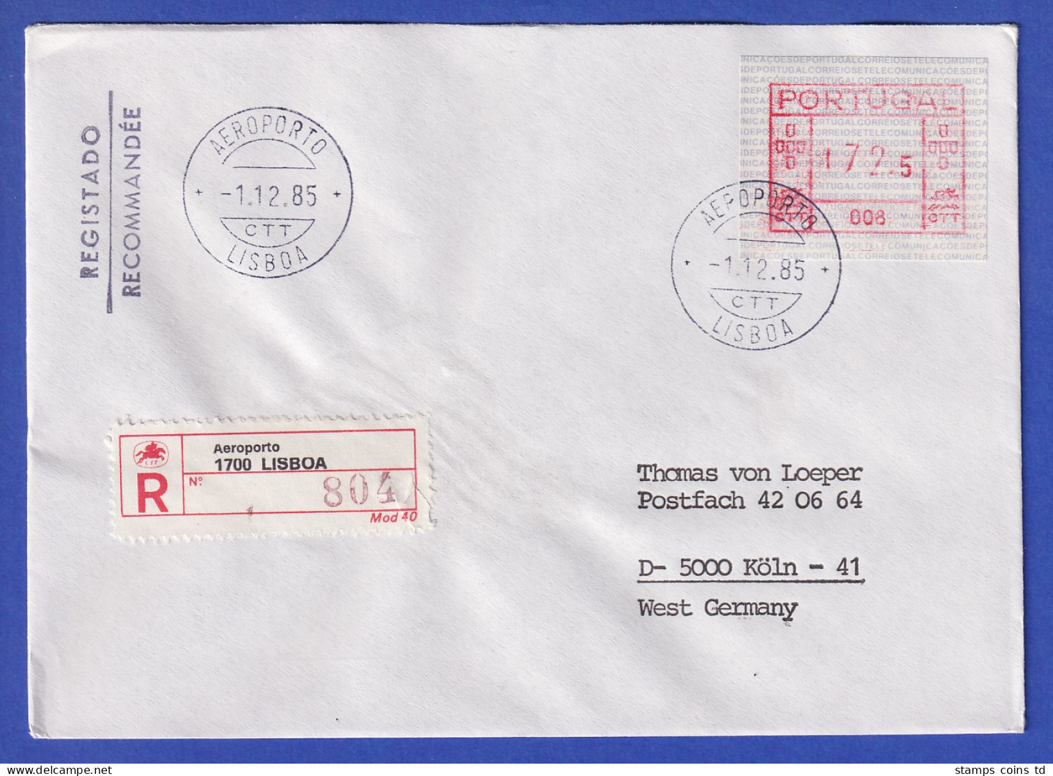 Portugal Frama-ATM Aut.-Nr. 008  R-Brief Mit ATM 172,5 Vom Ersttag , 1.12.85 - Timbres De Distributeurs [ATM]