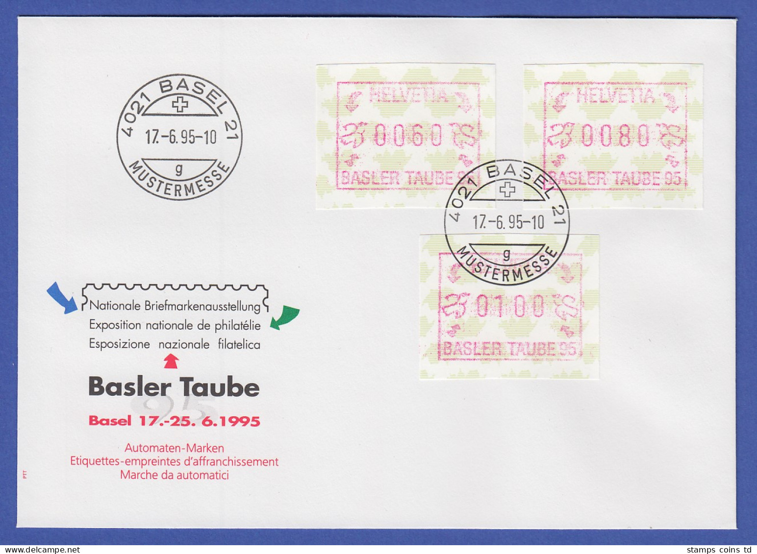 Schweiz 1995, FRAMA-ATM BASLER TAUBE '95 Mi-Nr. 6 Satz 60-80-100 Auf FDC - Automatenzegels