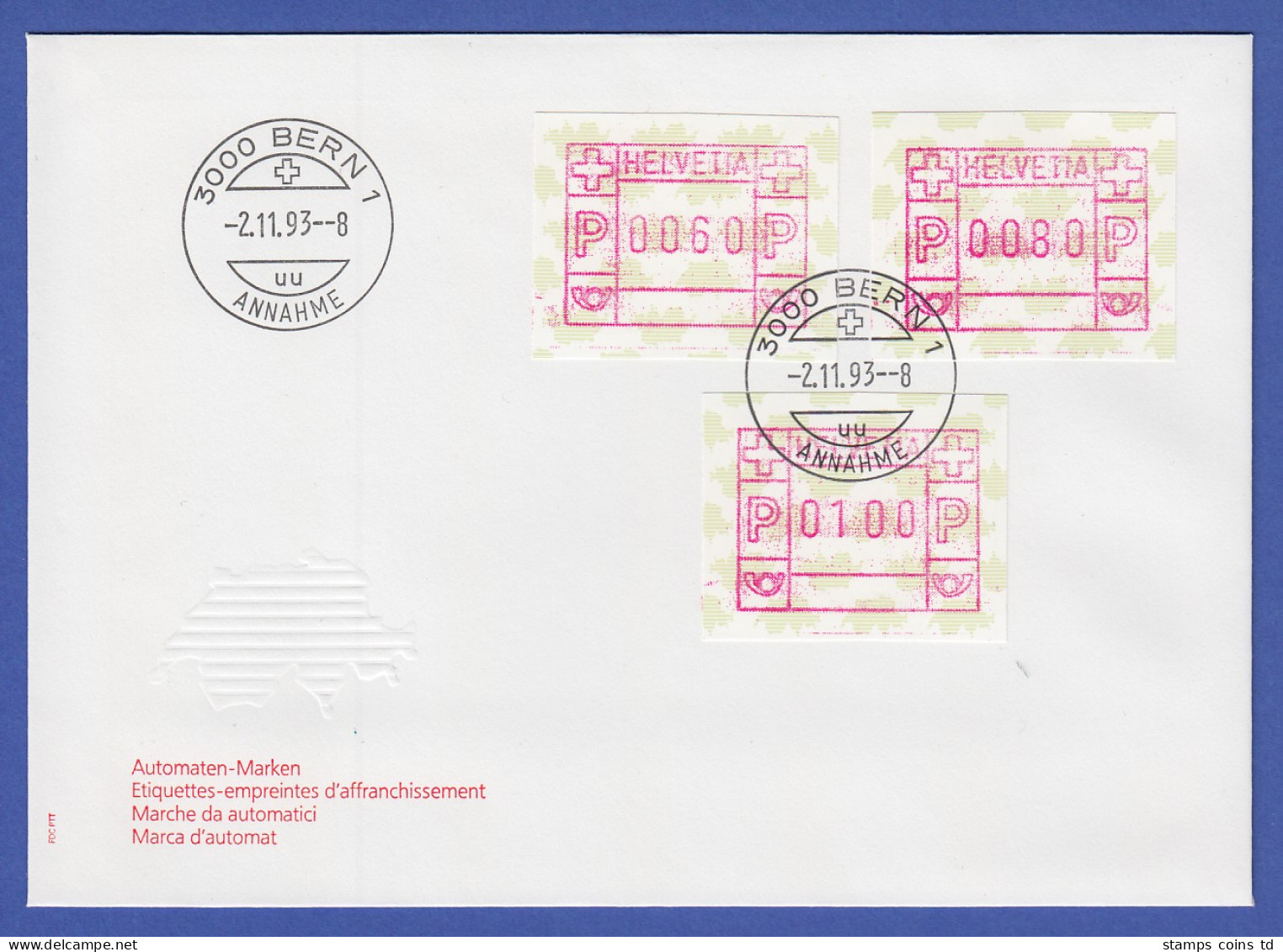 Schweiz 1993, FRAMA-ATM Landkarte Der Schweiz Grün, Mi-Nr. 5 Satz 60-80-100 FDC - Automatenmarken