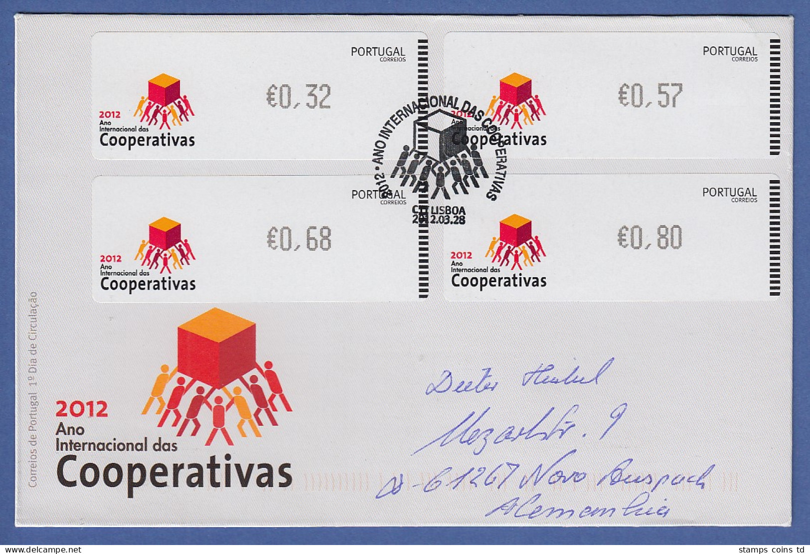 Portugal ATM 2012 Mi.-Nr. 79.1 Satz 32-57-68-80 Auf FDC Nach Deutschland - Timbres De Distributeurs [ATM]