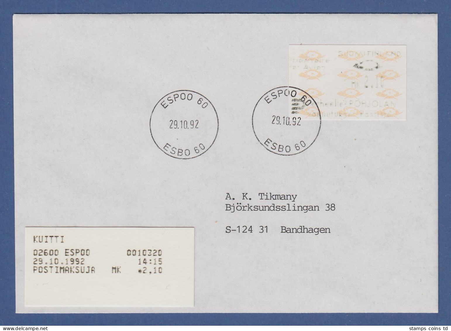 Finnland 1993 Dassault-ATM Mi.-Nr. 12.3 Z6 Mk 2,10 Mit AQ Auf Inlandsbrief  - Machine Labels [ATM]