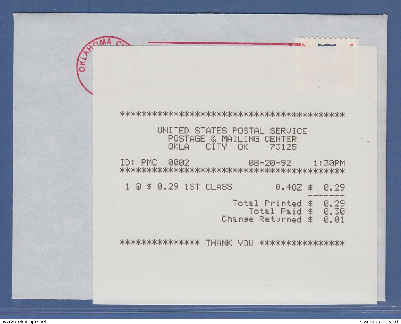 USA 1992 PMC Gard-ATM, Wert 0,29 $ Auf FDC Mit Ersttags-Quittung 20.8.92 - Other & Unclassified