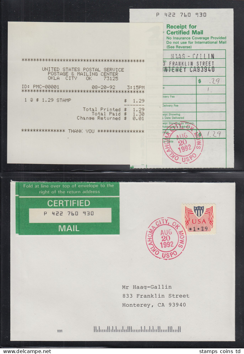 USA 1992 PMC Gard-ATM 1,29$ Auf Certified-FDC 20.8.92 Mit Ersttags-Quittung !   - Altri & Non Classificati