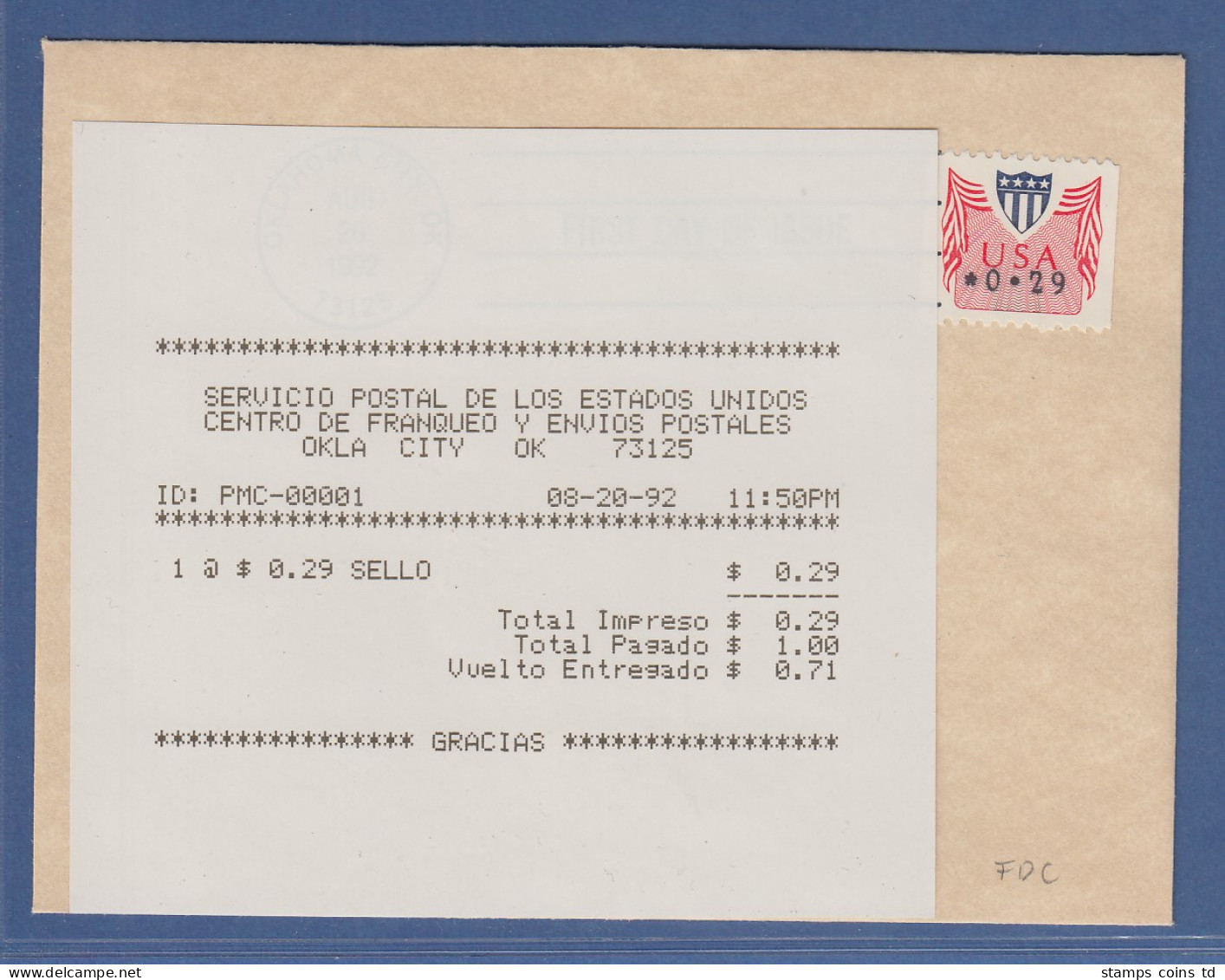 USA 1992 PMC Gard-ATM 0,29$ Auf FDC Mit ET-Quittung 20.8.92 - Autres & Non Classés