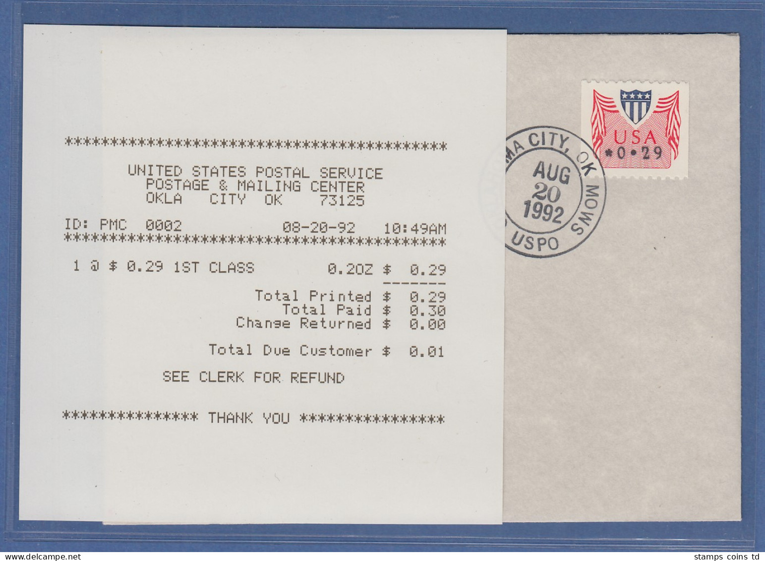 USA 1992 PMC Gard-ATM 0,29$ Auf FDC Mit Ersttags-Quittung 20.8.92 - Andere & Zonder Classificatie