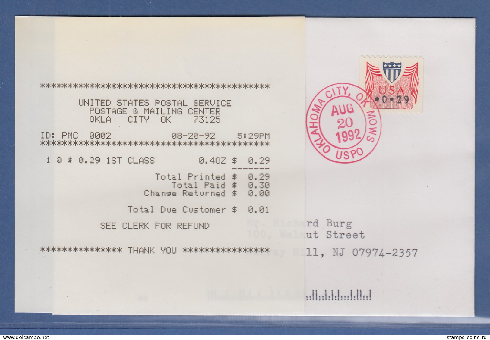 USA 1992 PMC Gard-ATM 0,29$ Auf FDC 20.8.92 Mit Voucher-ET-Quittung !   - Altri & Non Classificati