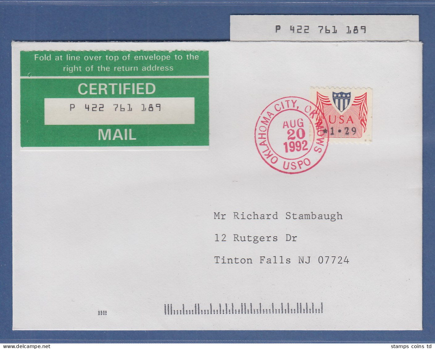 USA 1992 PMC Gard-ATM 1,29$ Auf Certified-FDC Oklahoma 20.8.92    - Sonstige & Ohne Zuordnung