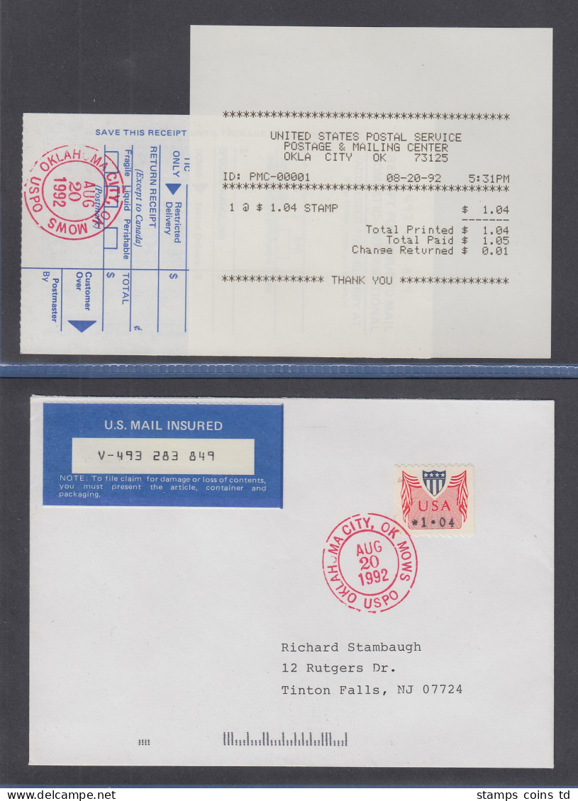 USA 1992 PMC Gard-ATM 1,04$ Auf Insured Mail FDC 20.8.92 Mit Ersttags-Quittung - Otros & Sin Clasificación