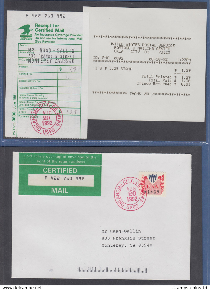 USA 1992 PMC Gard-ATM 1,29$ Auf Certified-FDC Oklahoma 20.8.92,  ET-Quittung ! - Andere & Zonder Classificatie