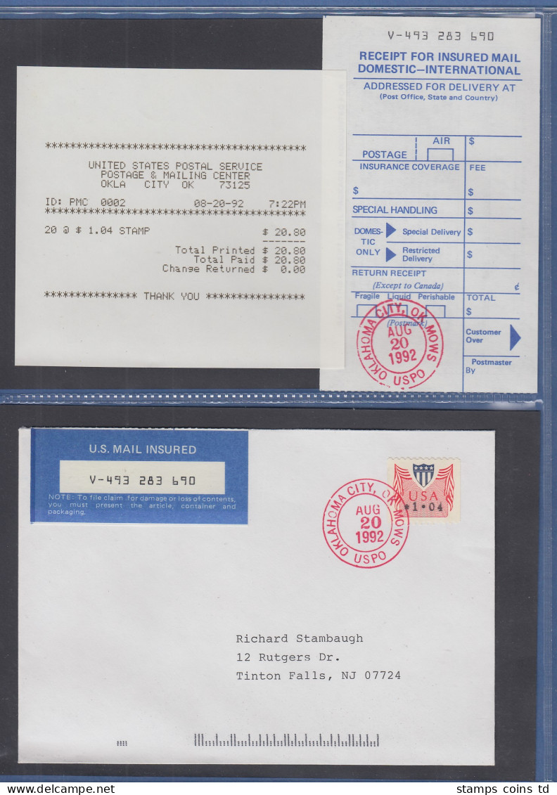 USA 1992 PMC Gard-ATM 1,04$ Auf Insured Mail FDC 20.8.92 Mit ET-Quittung - Other & Unclassified