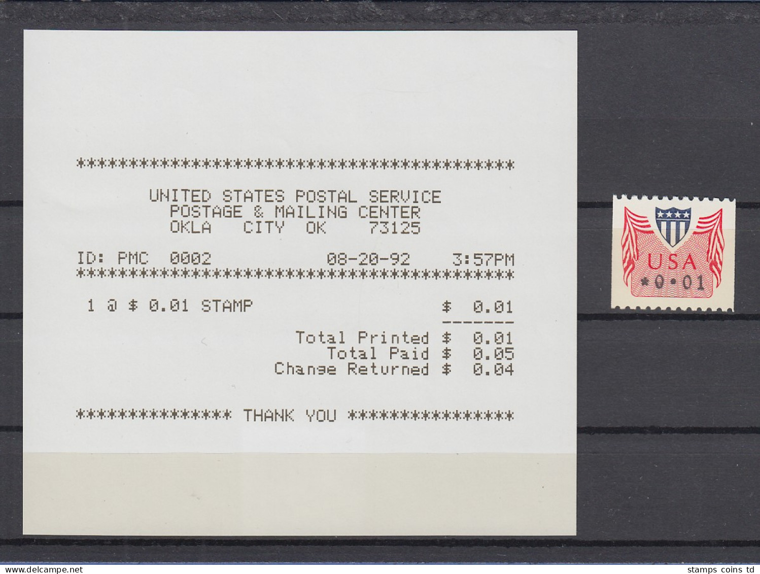 USA 1992 PMC Gard-ATM 0,01$ ** Mit Ersttags-Automatenquittung 20.8.92 - Other & Unclassified