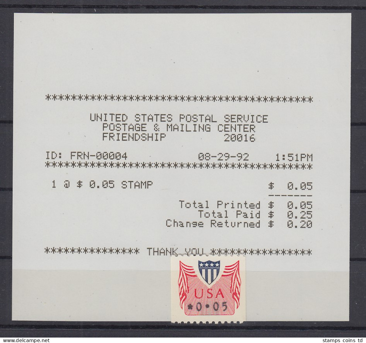 USA 1992 PMC Gard-ATM 0,05 $ Mit AQ 29.8.92 FRIENDSHIP 20016 - Other & Unclassified