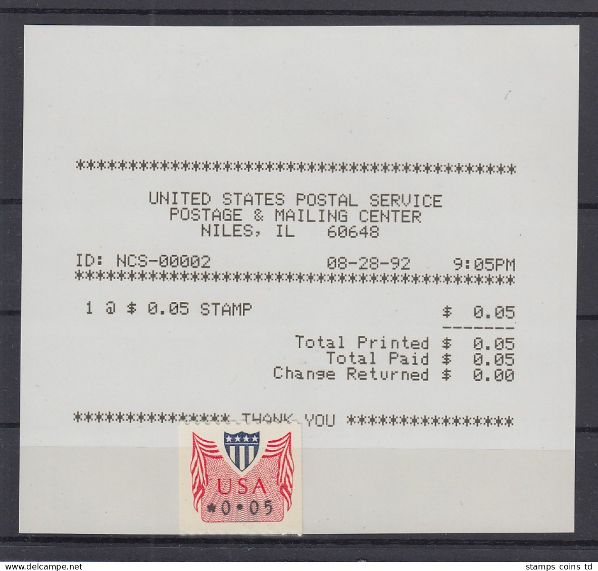 USA 1992 PMC Gard-ATM 0,05 $ Mit AQ 28.8.92 Falsche Angabe NILES,  IL 60648  - Sonstige & Ohne Zuordnung